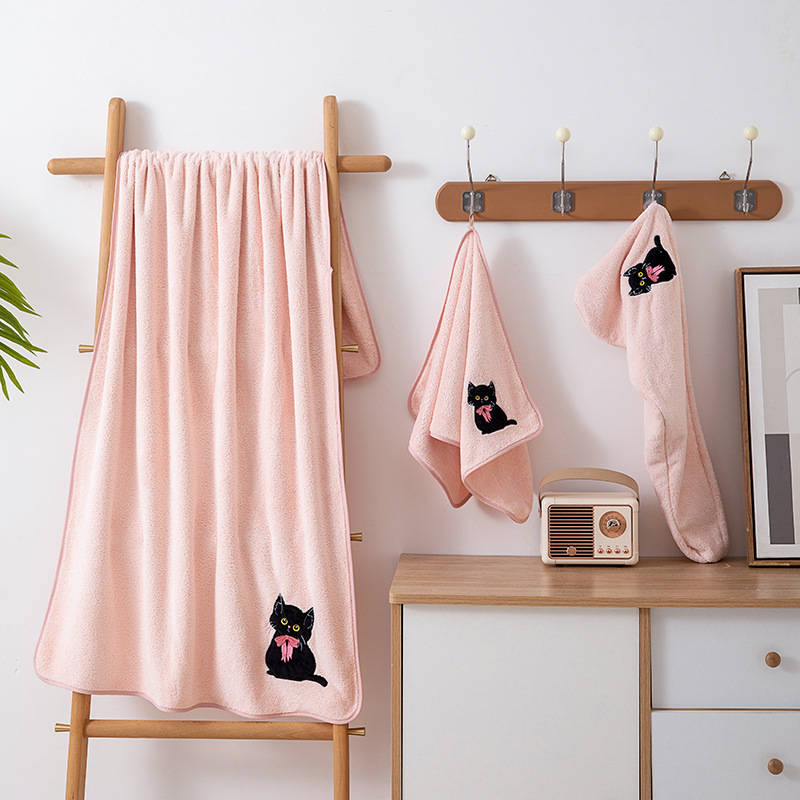 Factory wholesale cartoon cat printed bath towel hair drying cap towel three-piece coral velvet absorbent soft towel set