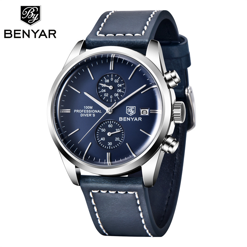 BENYAR Binya 5187 nuevo movimiento de cuarzo multifuncional correa de cuero reloj de calendario casual de negocios para hombres