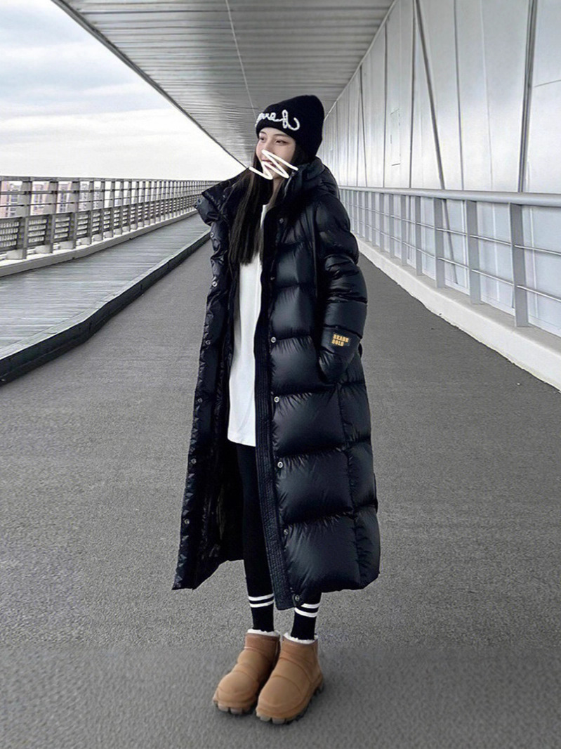 Pinghu abajo chaqueta mujer invierno mujer alta sensación media larga nuevo estilo negro oro coreano chaqueta de pato con capucha HD