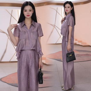 2025 New Summer Fashion One-Piece Suit for Women, Slim Short-Sleeved Shirt, Wide-Leg Pants, Light Two-Piece Set