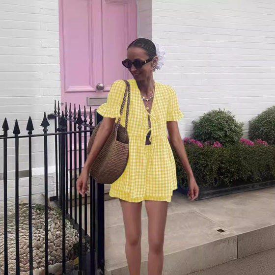 2024 European and American Cross-border Summer Women's Lace-up Plaid Top suit Casual Elegant Loose High Waist Wide-leg Pants