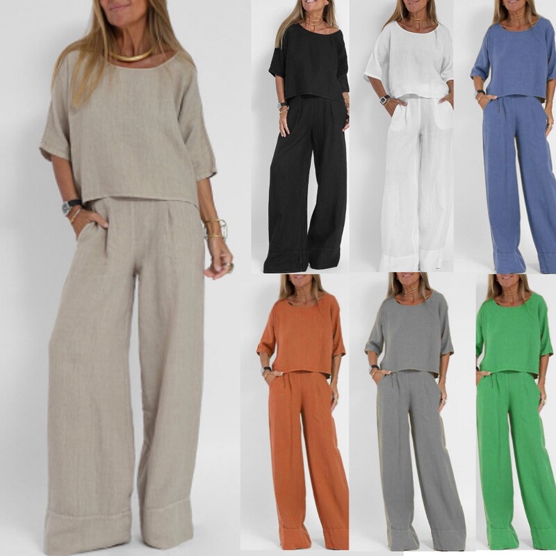 Cross-border Amazon AliExpress Europe and the United States summer new ladies casual loose solid color short sleeve cotton pants suit
