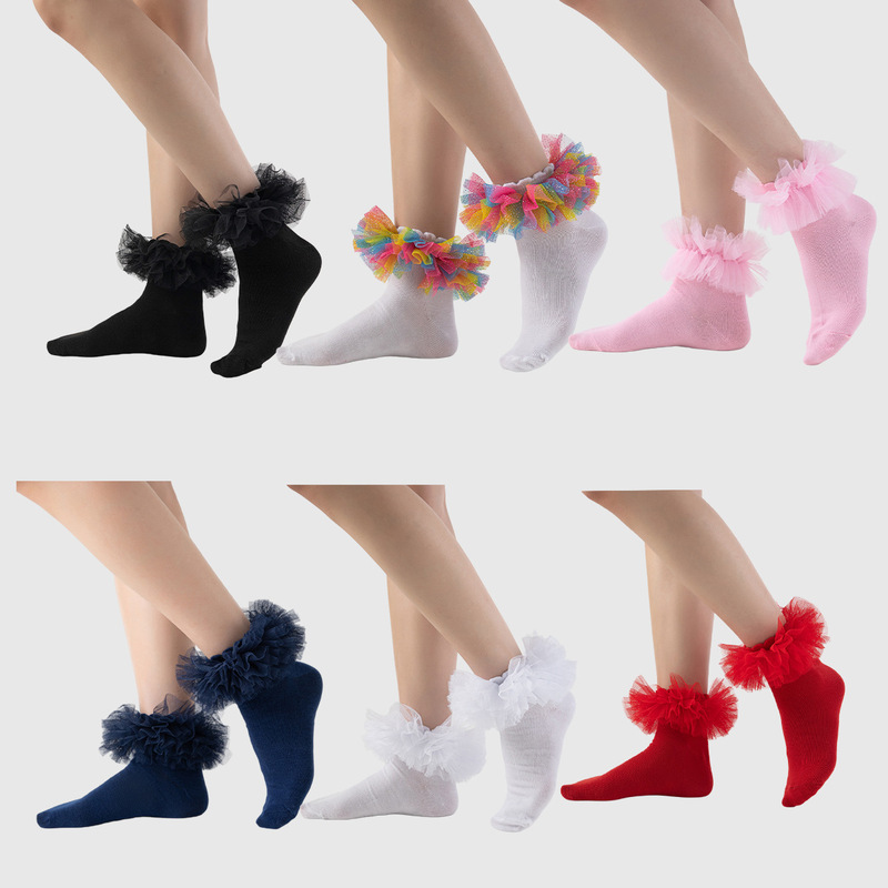 New women's double-layer mesh mid-calf socks with large lace trim, suitable for stage performances, available in solid colors and candy colors, wholesale in stock New women's double-layer mesh mid-calf socks with large lace trim, suitable for stage performances, available in solid colors and candy colors, wholesale in stock