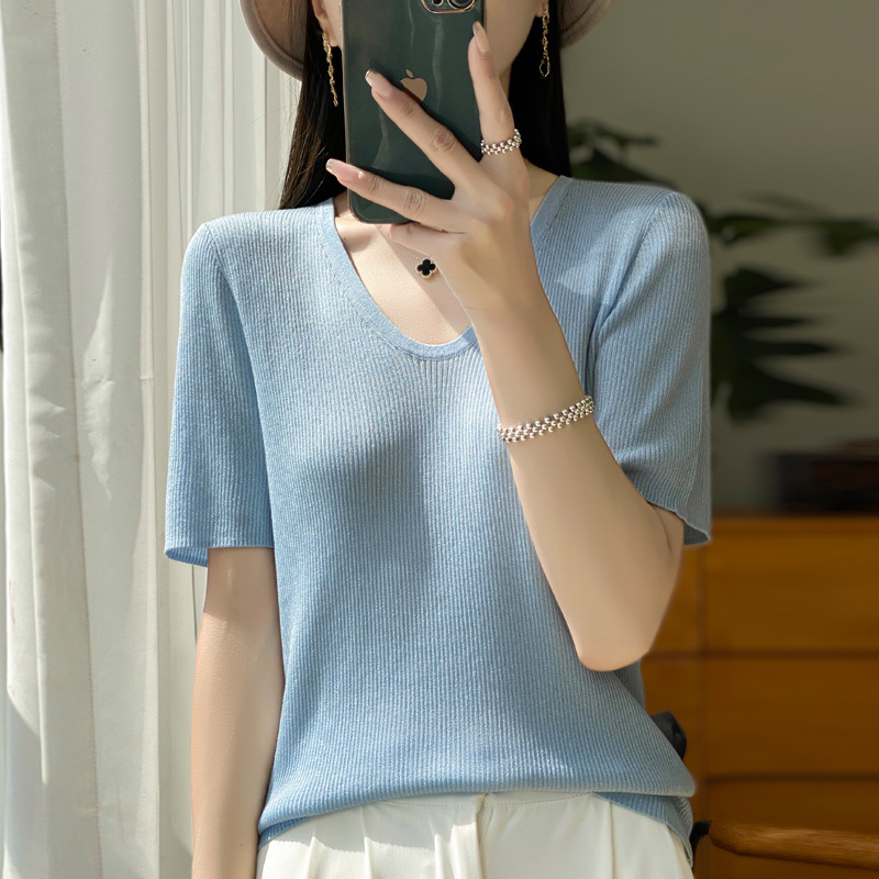 24 Summer New U-Neck Short-Sleeved T-Shirt Solid Color Thin Joker Top Tencel Plus Glitter Silk Knit Sweater for Women