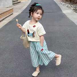 女童套装夏季2025新款洋气女孩韩版卡通短袖休闲条纹阔腿裤两件套