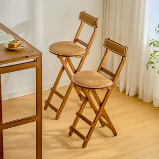 藤编可折叠吧台椅家用高脚凳厨房吧台凳便携式软包带靠背餐厅椅子