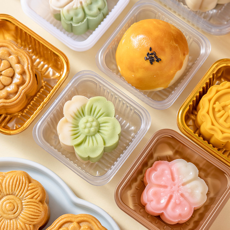 2025 soporte inferior de pastel de luna soporte de plástico transparente redondo paquete de embalaje de dim sum de grupo verde bolsa de pastel de luna soporte interior 100 piezas