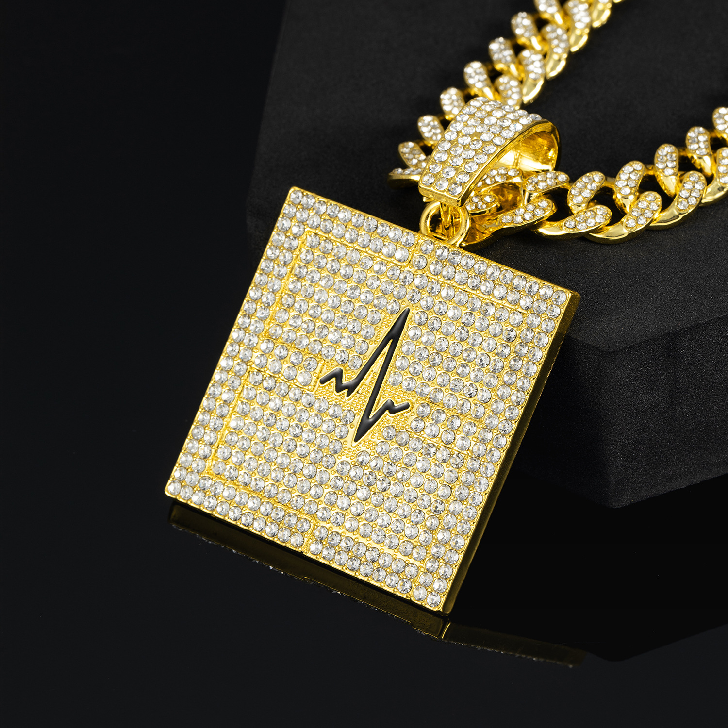 New Square Plate ECG Pendant Alloy Full Diamond Cuban Link Chain Hip Hop Style Trendy Men's Jewelry  Price display picture 3