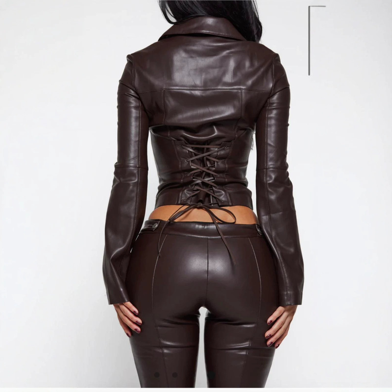 2026 New Dark Brown PU Leather Two-Piece Set: Short Leather Jacket with Straps and Slim-Fit Cropped Leather Pants for a Slimming Look