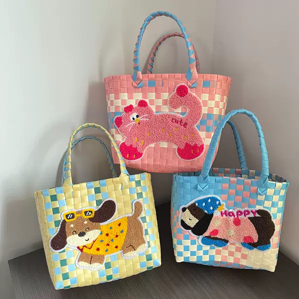 2025 New Cartoon Cat Embroidery Handmade Woven Basket Bag Souvenir Accessory DIY Woven Handbag