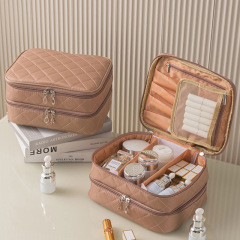 Double-layer travel cosmetic bag, large capacity, diamond pattern, waterproof, multi-functional compartment, makeup box, wholesale cosmetics storage bag