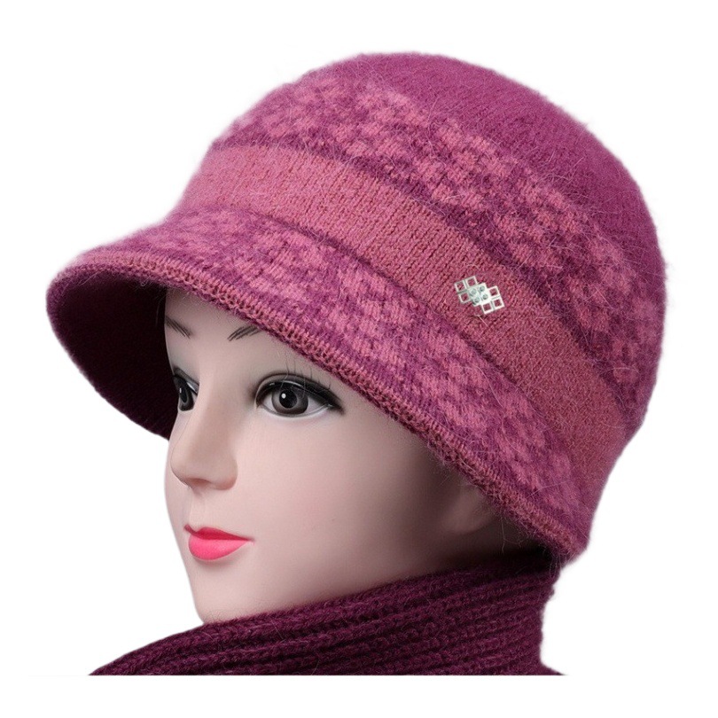 Middle-Aged and Elderly Autumn and Winter Mother's Hat Scarf Set Fleece-Lined Thickeneded Warm Wool Knitted Hat Women's Basin Hat Winter
