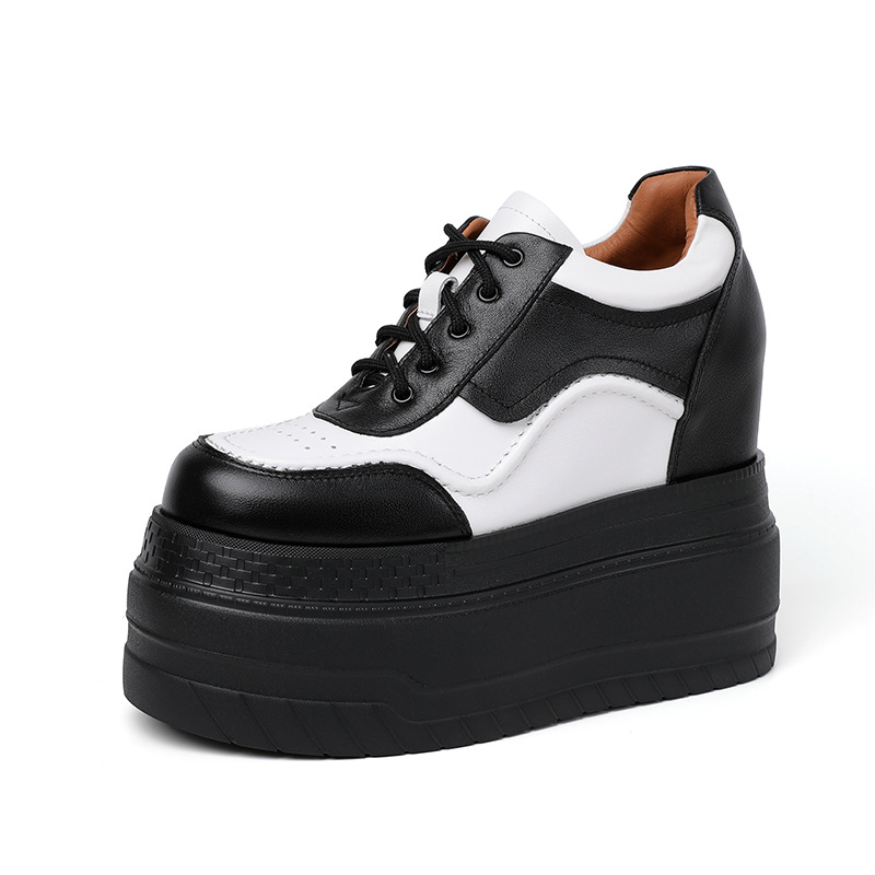 Giày trắng da thật tăng chiều cao 12cm, đế xuồng platform đa năng — Trắng đen-10