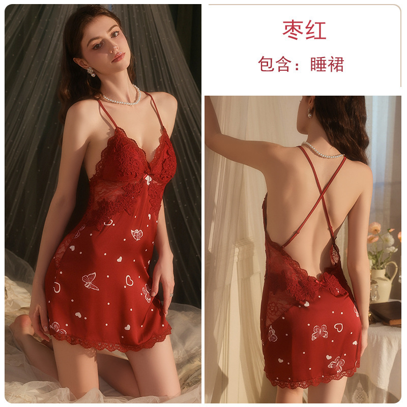 DZ瑰若品牌睡衣甜美纯欲印花火辣深V加胸垫丝滑缎面睡裙套装5185|undefined