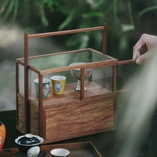 家用双层玻璃提篮紫砂壶收纳柜多功能木质提盒茶杯展示架收纳箱