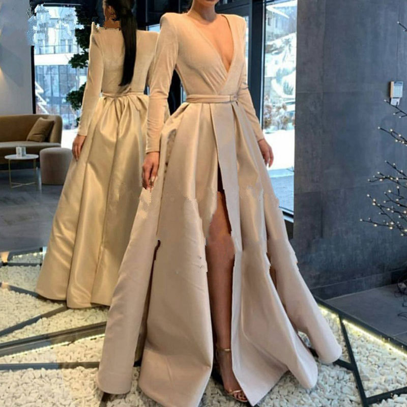 Vestido de noche de terciopelo para mujer, estilo europeo y americano, para comercio exterior, Amazon, AliExpress, Wish, con cuello en V y manga larga, para banquetes