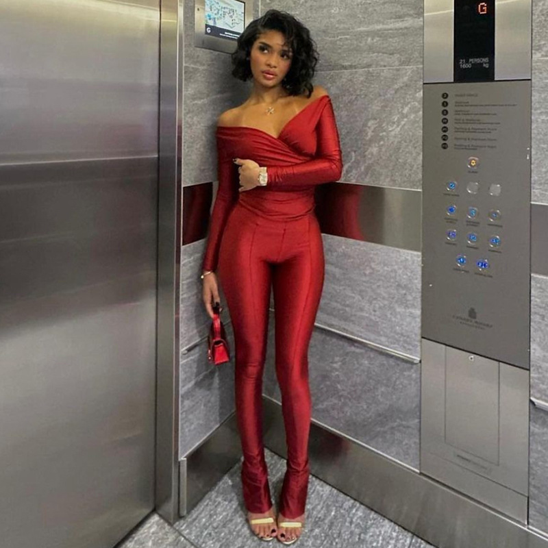 Damen Jumpsuit Schulterfrei Mit Hoher Taille Enges Sportset_voghion.com