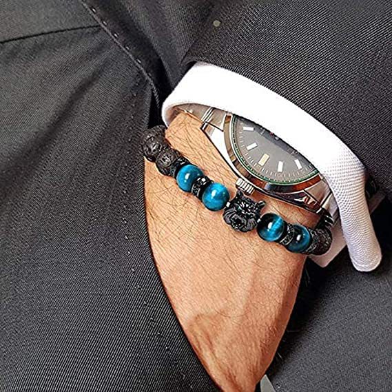 2022 Amazon transfronterizo europeo y americano hombres dominantes pulsera de cabeza de Lobo micro incrustaciones de circón cuentas de piedra de ojo de tigre pulsera de cuentas