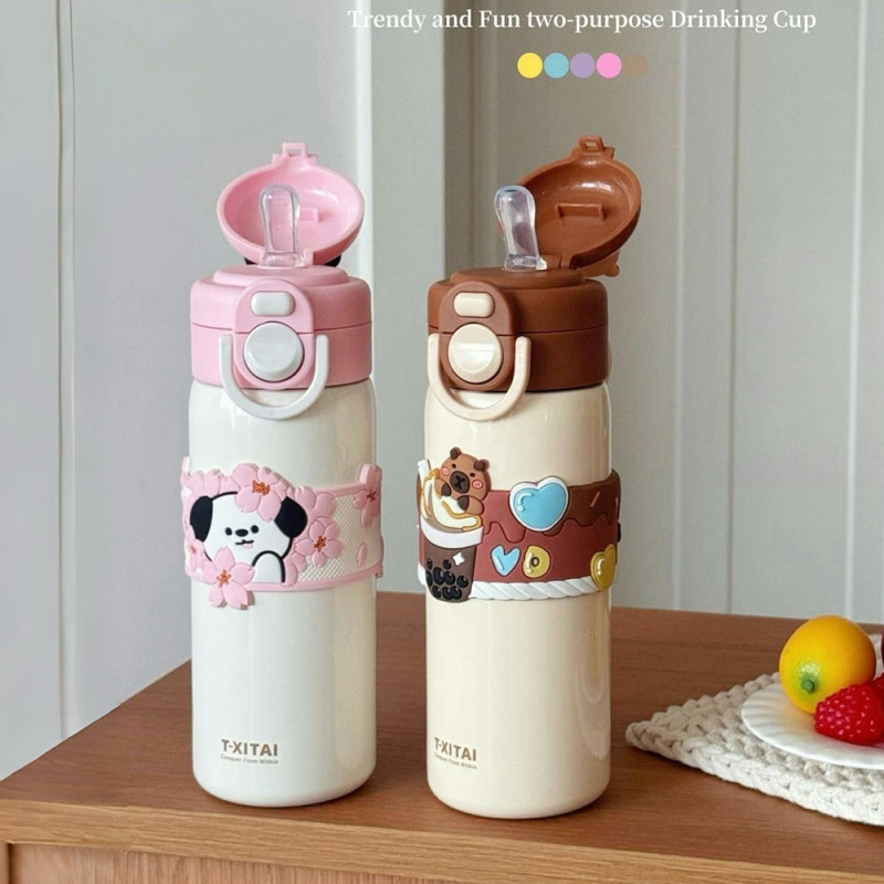 Kapibala 魔法瓶カップかわいい人形学生ダブルドリンクカップポータブルステンレス鋼スクールバッグサイドポケットストローカップ|undefined