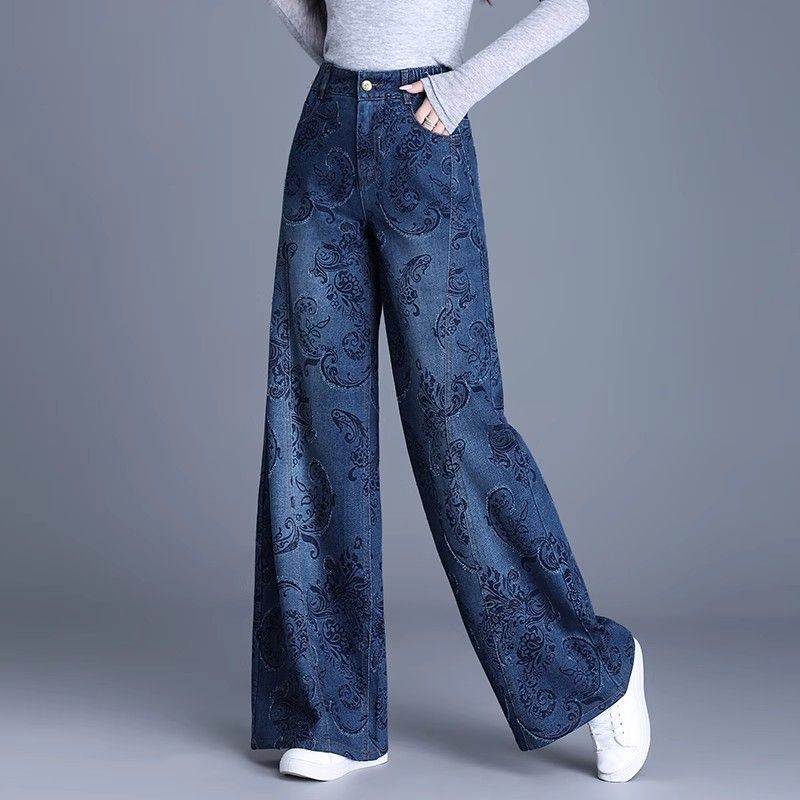 American Retro Jacquard Jeans for Middle-Aged Women, Straight Wide-Leg Pants, Loose Casual Women's Pants, Autumn and Winter Trousers