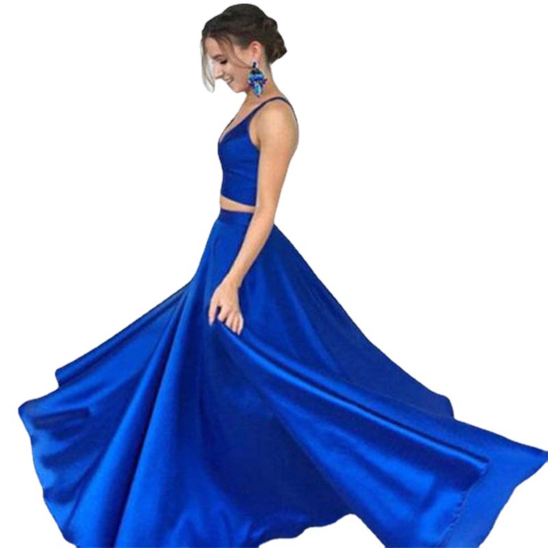 Comercio exterior europeo y americano Amazon AliExpress deseo vestido de noche sexy con cuello en V de dos piezas de satén simple Personalización de soporte