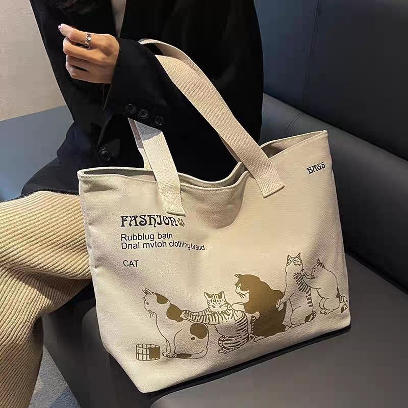 Cross-Border Large-Capacity Canvas Bag for Women, New Fashion Shoulder Tote Bag, Japanese-Style Student Class Tote Bag with Print