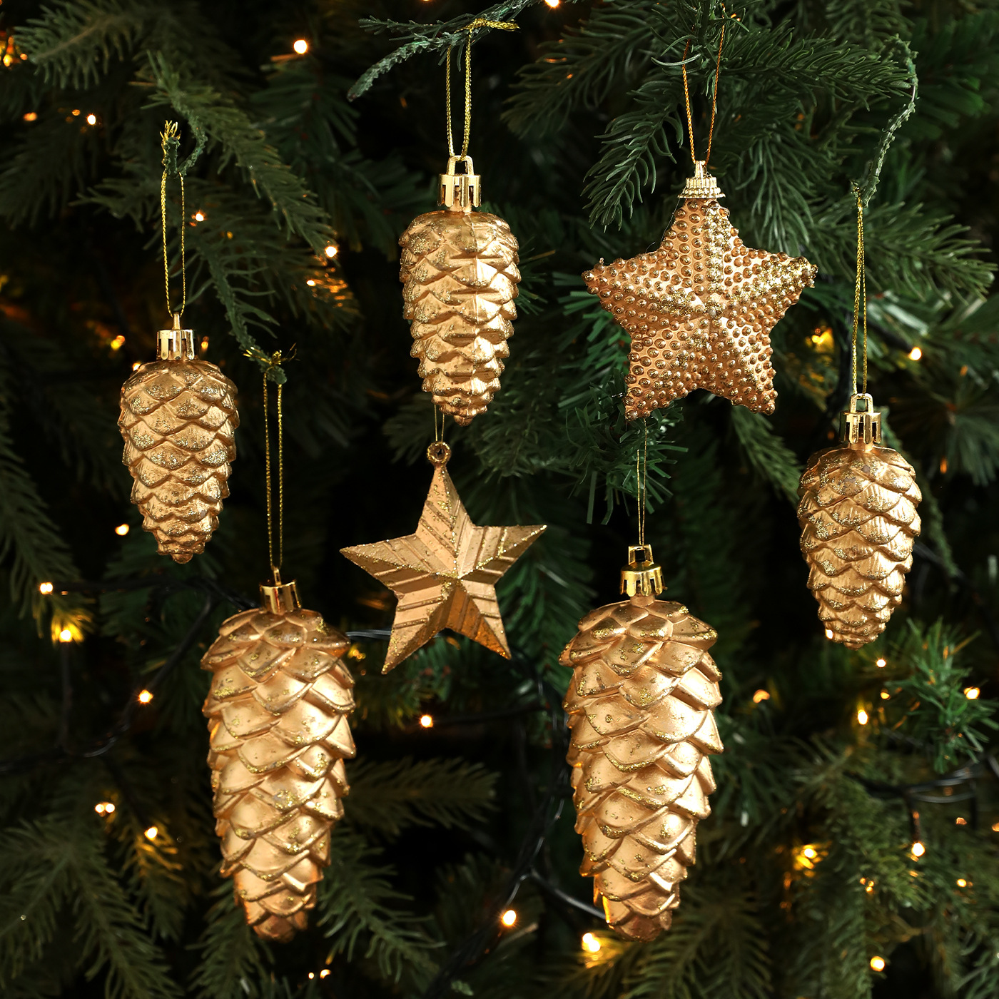 Transfronterizos retro oro plástico estereoscópico estrella de pino estrella de embalaje decoración de árbol de Navidad colgante diseño de escena image 4