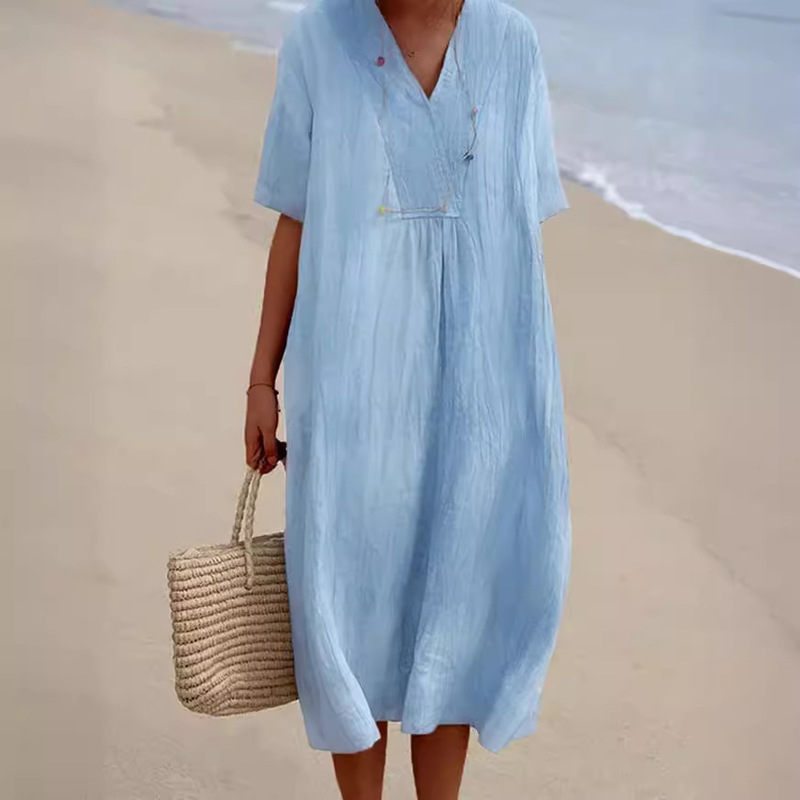 2026 Amazon Hot-Selling Cotton and Linen Ready-To-Ship Women's Solid Color Large V-Neck Fashion Loose Cotton and Linen Short-Sleeve Dress 2026 Amazon Hot-Selling Cotton and Linen Ready-To-Ship Women's Solid Color Large V-Neck Fashion Loose Cotton and Linen Short-Sleeve Dress