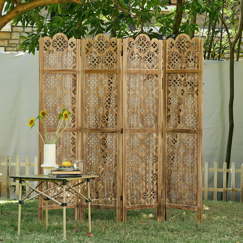 4-Piece Wooden Carving Privacy Screen - Ideal Decorative Partition for Home, Office, Dining Room, and Bedroom 4-Piece Wooden Carving Privacy Screen - Ideal Decorative Partition for Home, Office, Dining Room, and Bedroom