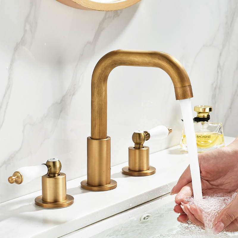 French retro brass three-hole basin faucet 8-inch split hot and cold 3-hole American bathroom faucet under counter basin