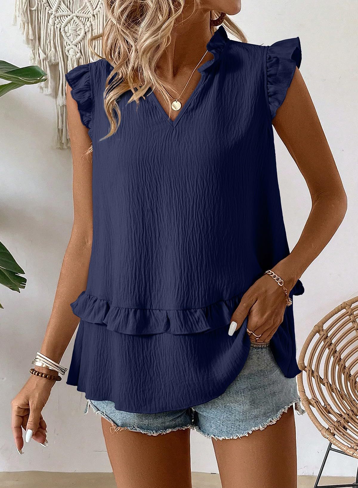 Women's Sleeveless V-Neck Blouse With Ruffle Trim, Flowy Relaxed Fit Casual Shirt For Summer ​Versatile And Easy To Wear_ecoleips.com