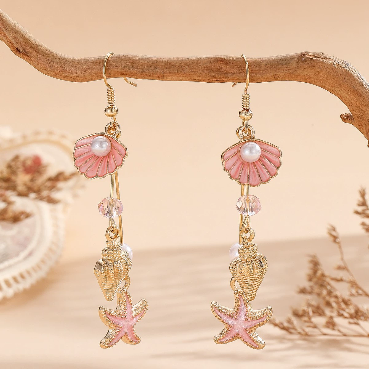 Популярные кросс-граничные серьги в океанском стиле для отдыха, летние милые длинные серьги с жемчугом в форме морской звезды, розовые серьги-ракушки для женщин