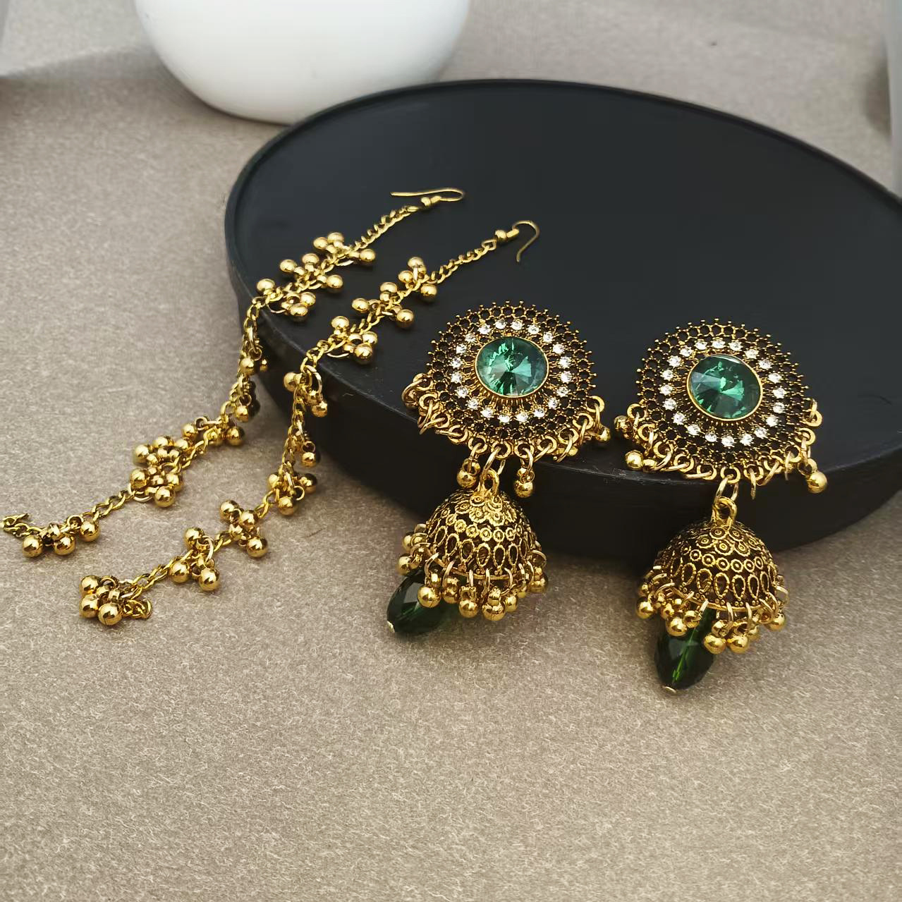 Indian Cross-Border Gemstone Bell Tassel Earrings for Women, Accessible Luxury Style, Palace Retro Rhinestone Gold Exaggerated Earrings Long
