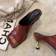 真皮外穿半拖高跟凉鞋女2025夏季新款时尚复古方头露趾一字拖细跟