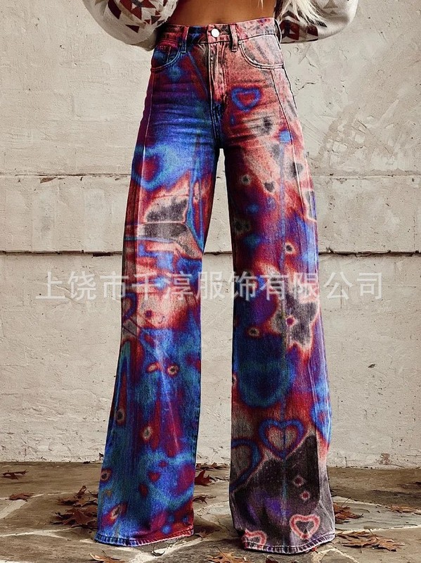 跨境欧美独立站爆款数码印花假牛仔女士阔腿裤 女士喇叭修身长裤|undefined