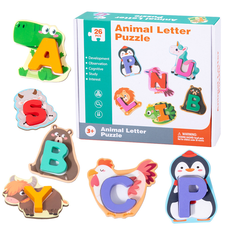 Juguetes educativos de madera para niños 26 letras rompecabezas de emparejamiento de animales educación temprana rompecabezas de emparejamiento de animales bloques de construcción image 6