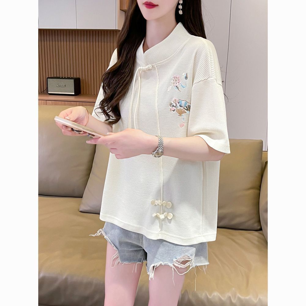 Waffle camiseta de manga corta para mujer, verano suelto, talla grande, sentido de diseño para mujer, nuevo top con hebilla de disco de estilo chino de Xiaozhong image 1
