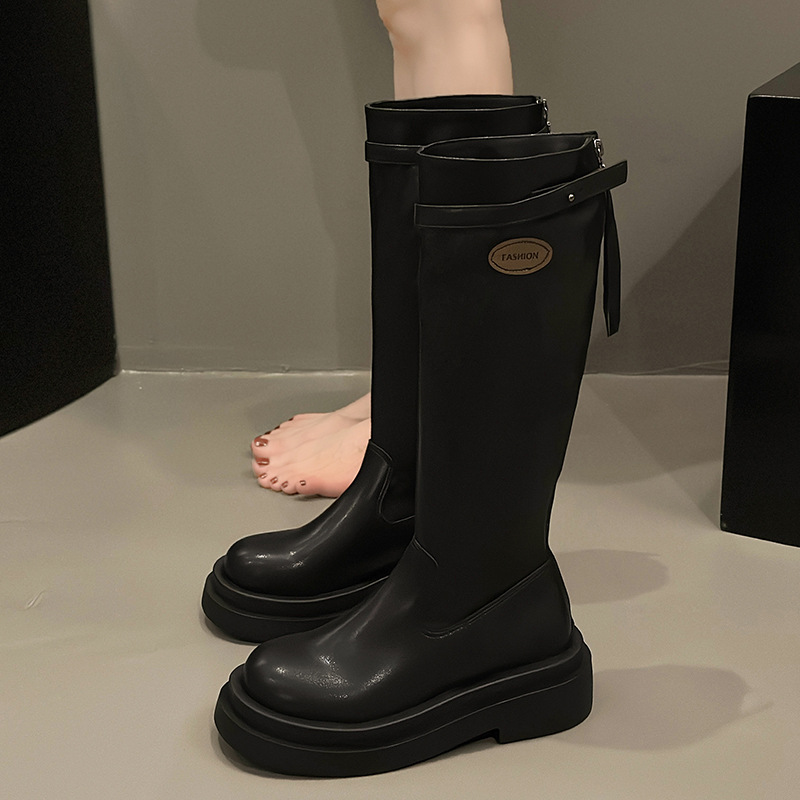 フランスの白いブーツの女性は膝の厚い底のファッション靴のカジュアルなブーツの後でファスナーの長靴の現物の卸売りをします。