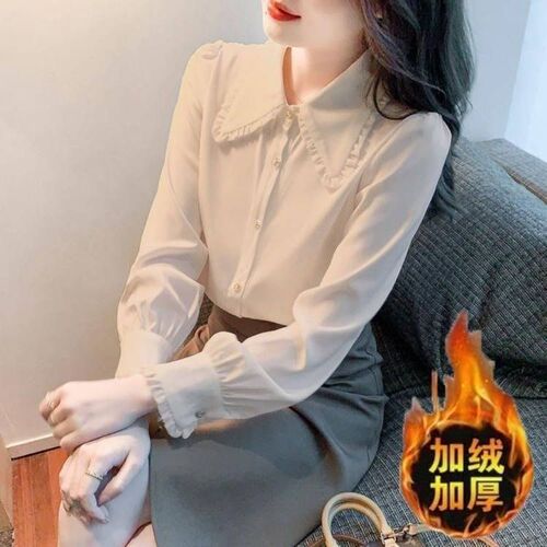 Autumn and winter new chiffon thickened fleece-lined shirt for women—French-style doll-collar design, unique and versatile top for ladies.