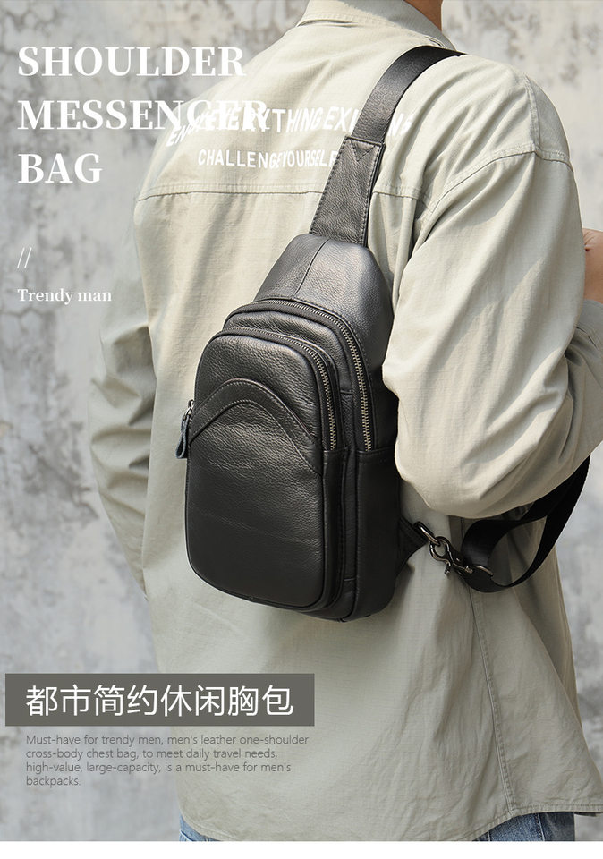 Túi đeo chéo nam da bò thật kiểu mới, túi đeo trước ngực đa ngăn 17×5×30,5 cm — Cà phê nâu, cỡ nhỏ, Đen, Nhỏ, Màu đen, 707 màu đen chi tiết 8