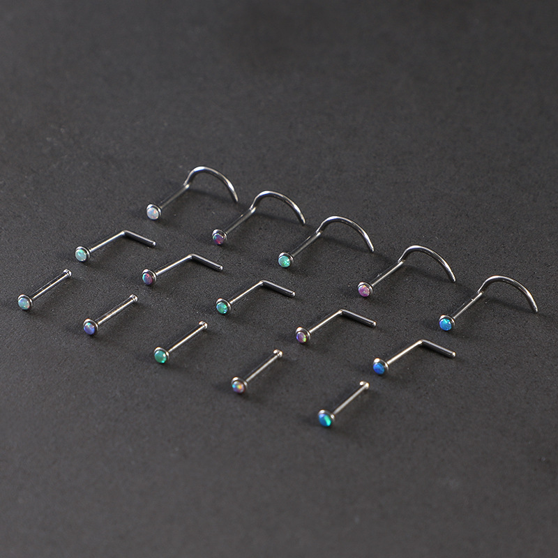 F136 Pure Titanium Alloy Hook Opal Side Nose Body Piercing Jewelry Ear Stud 20G 0.8mm Thin Rod_voghion.com