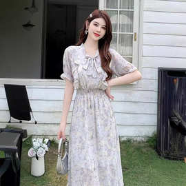性感甜美新款淑女夏季法式旗袍短袖旗袍休闲泡泡法式欧美方领裙