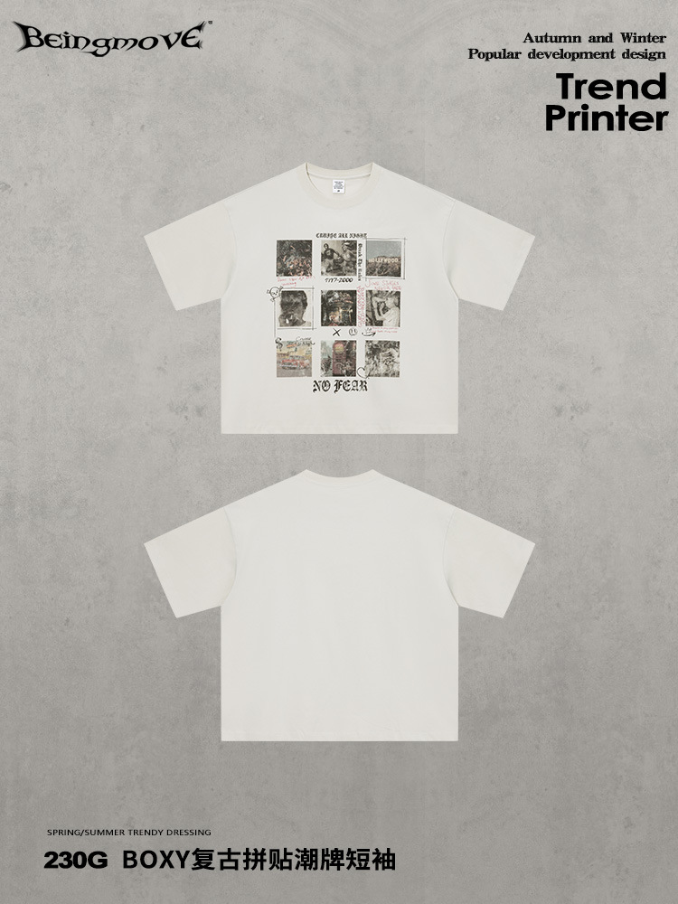 Calle secada| Verano nuevo estilo americano marca de moda retro collage de manga corta hacer vieja camiseta de impresión de algodón plano suelta para hombres
