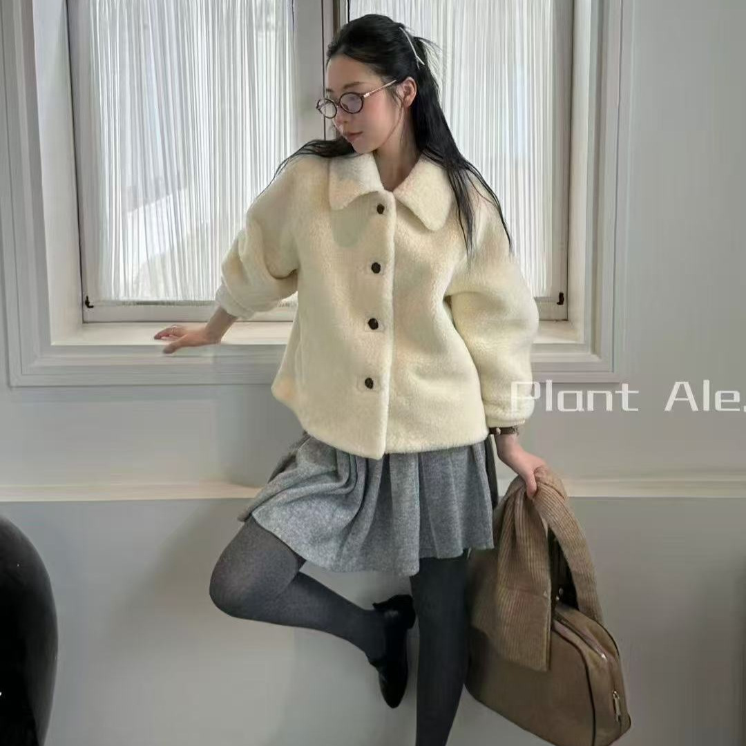 新款韩系翻领羊羔毛外套冬季宽松百搭皮毛一体保暖短款上衣U8058