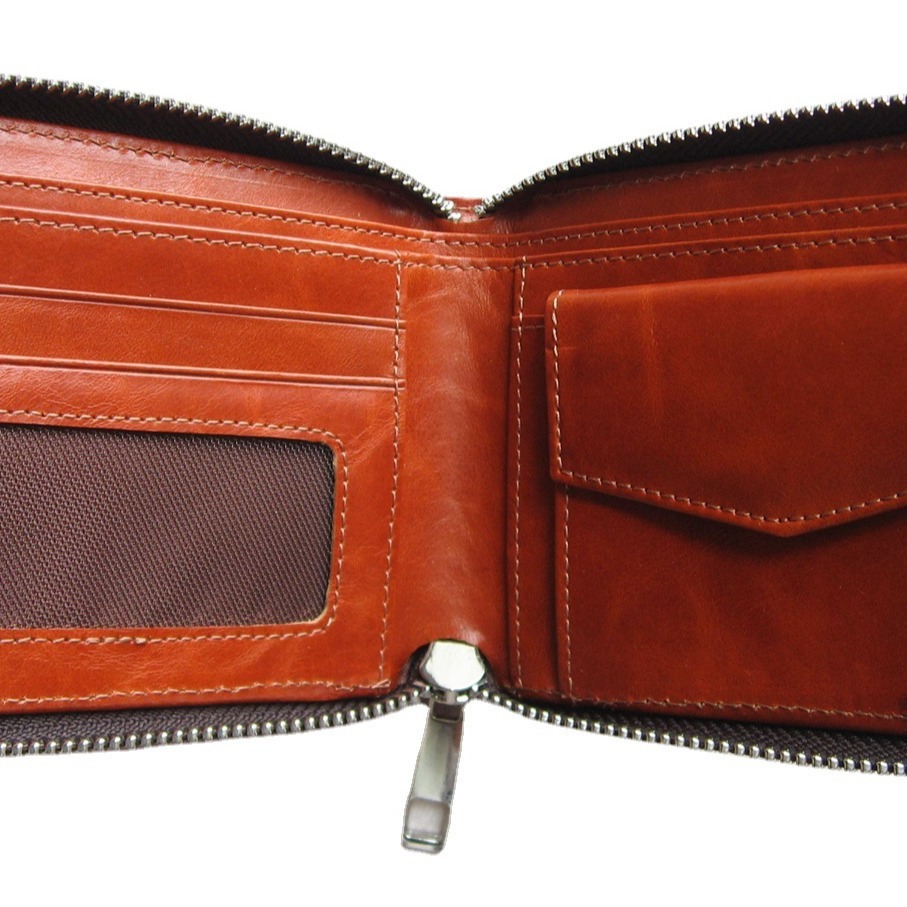 Cartera pequeña de cuero genuino para hombre, con cremallera, diseño simple, piel de vaca, protección antirrobo, piel aceitada
