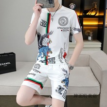 夏季套装男冰丝欧货提花潮牌短袖T恤五分裤搭配可外穿一套装/短裤