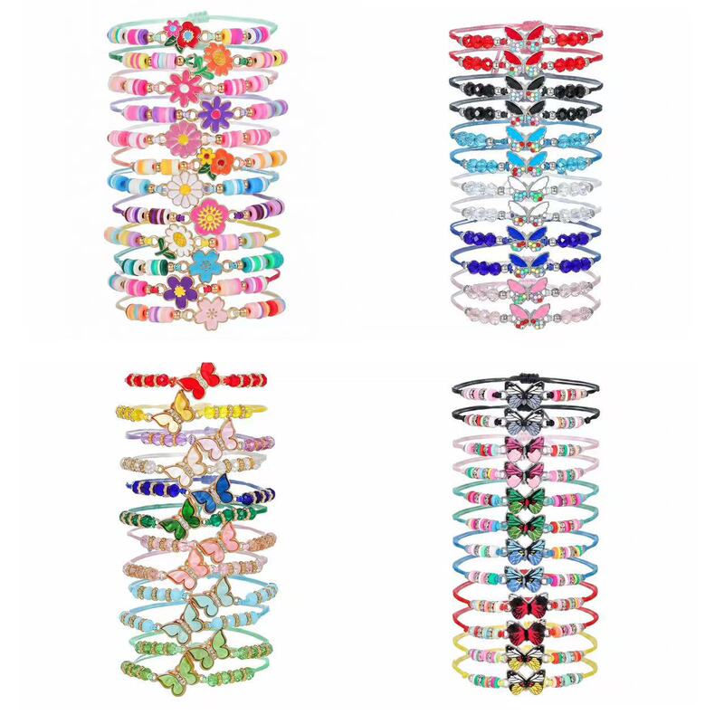 Cross-border adjustable woven bracelet set wholesale colorful soft clay crystal beads alloy butterfly flower hand jewelry Cross-border adjustable woven bracelet set wholesale colorful soft clay crystal beads alloy butterfly flower hand jewelry
