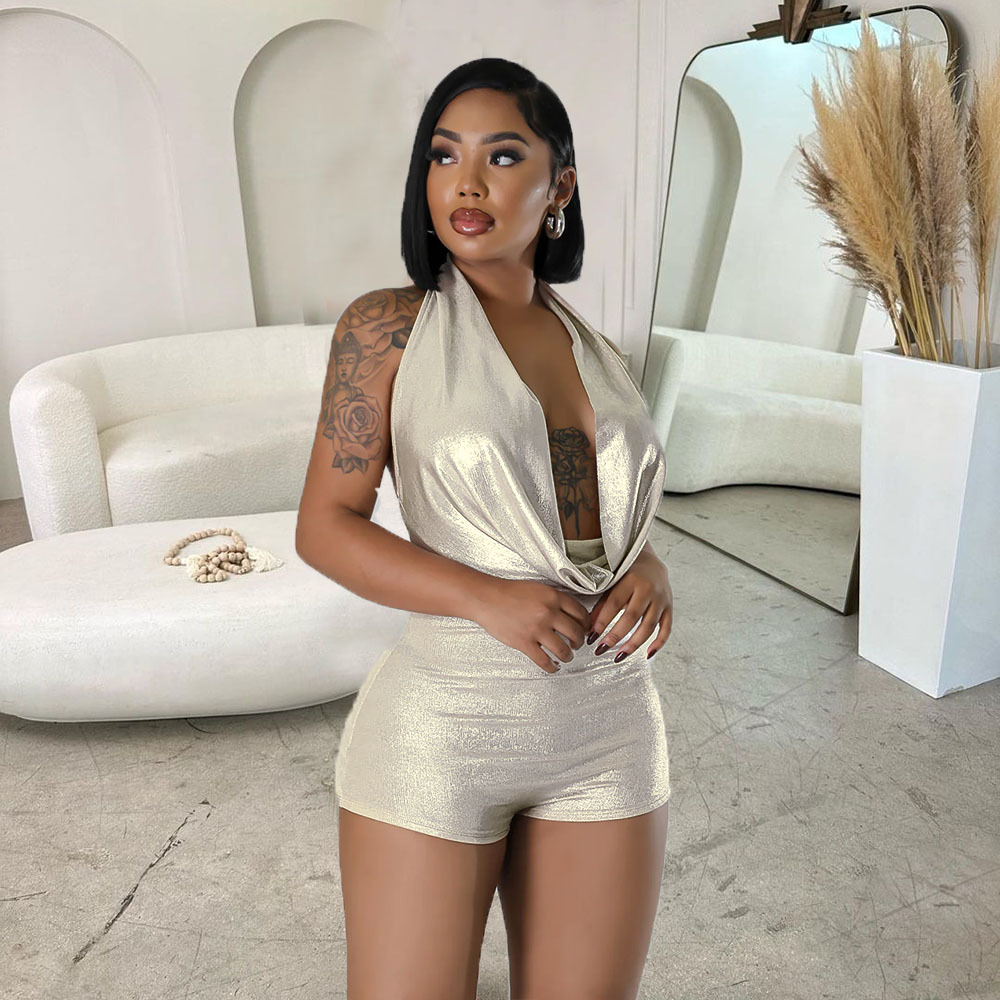 Girls Spring Summer Halter Backless Sexy Cutout Tight Metal Feeling Jumpsuit Women