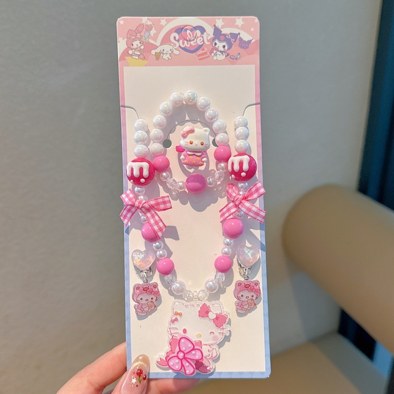 韩版甜美流行儿童首饰串珠项链手链耳夹5件套儿童项链手链套装|undefined