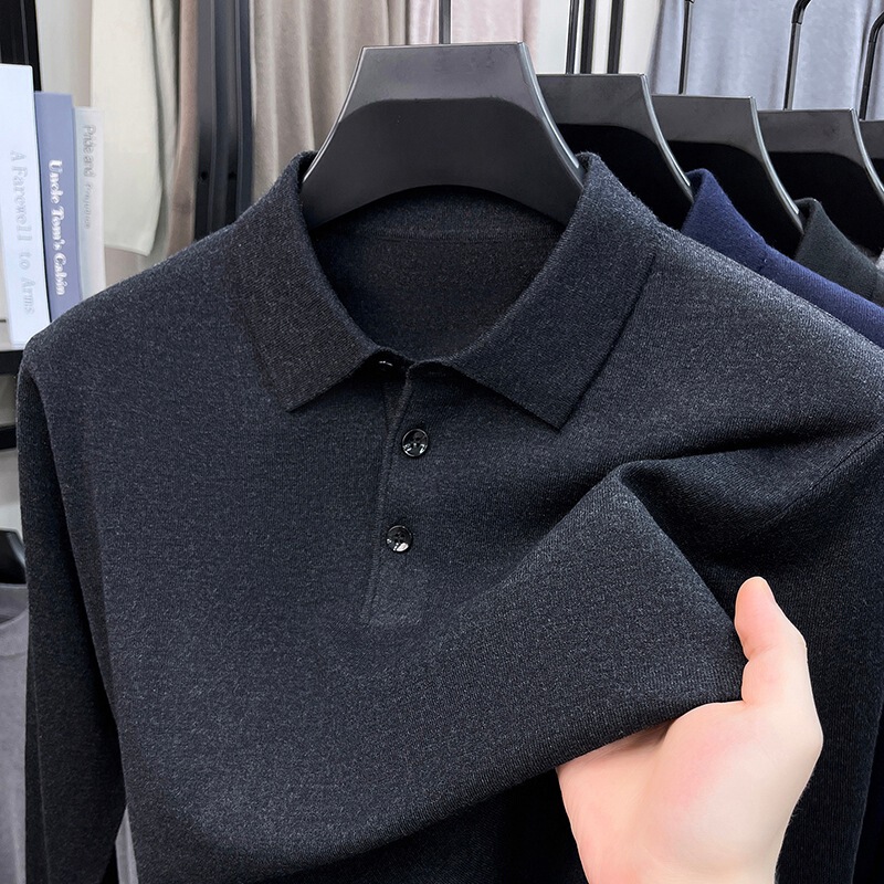 2026 Spring and Autumn New Wool-Blend Long-Sleeve Knit Polo Shirt for Men, Turn-Down Collar, Business Casual, Solid Color Base Sweater